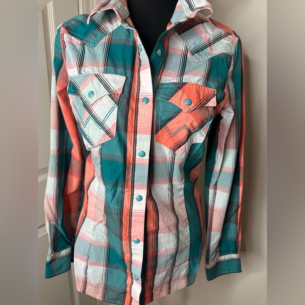 Wrangler Women's Plaid Button Down Shirt - Teal and Coral